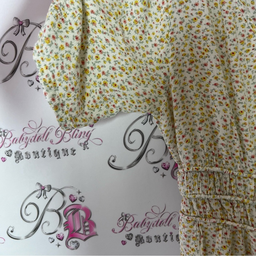 Rebellion dress Cream Puff Sleeve Mini Sundress floral flowers yellow flowy - Picture 3 of 6